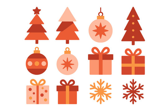 Modern Christmas Icons. Set of icons celebrating the Christmas spirit: stylized trees, ornaments, gift boxes, and snowflakes. Each icon is crafted with geometric. Vector illustration