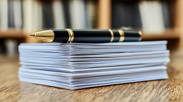 Pen resting on stack of white papers. - Powered by Adobe