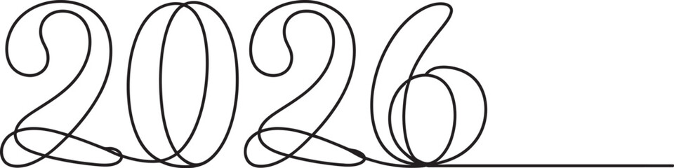 Continuous one line drawing of year 2026. minimalist single stroke design for new year celebration, calendar events, or future concepts.