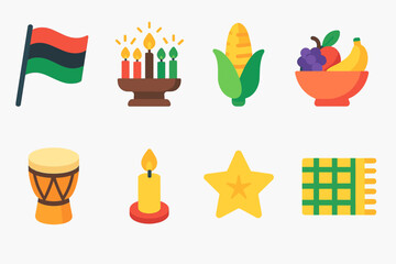Heritage Symbol Icons. Heritage Symbol flat icons set. flag, kinara glow, corn, fruit bowl, drum, candlelight, star, mat