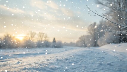 A serene winter landscape with soft, falling snowflakes glimmering in sunlight.