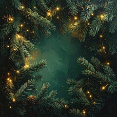 Festive pine boughs with twinkling lights on a dark backdrop