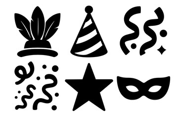 Colorful Carnival Icon Set. Carnival Party Hats silhouette icon set. Feathered Hat, Cone Hat, Ribbon, Confetti, Star, Mask.