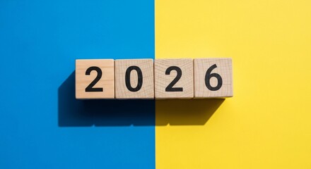 Year 2026 Wooden Blocks Displaying the Numerical Date on Blue and Yellow Background