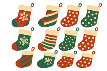 Festive Stocking Icons. Set of Christmas stocking icons, each uniquely designed with intricate patterns and festive colors. Some stockings feature snowflakes, while. Vector illustration