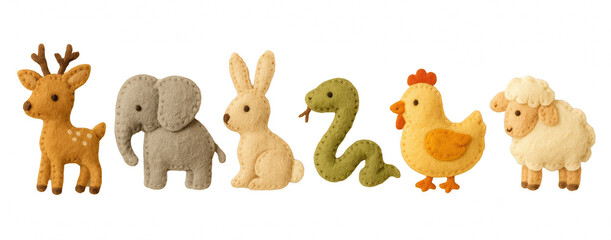 Soft felt animal toys in a row on transparent background, cute handmade deer, elephant, rabbit, snake, chicken, and sheep crafted from fabric with stitched details, warm earthy colors and cozy nursery