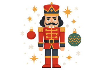 Festive Nutcracker Illustration. A nutcracker soldier stands tall in a festive uniform of red and gold, surrounded by twinkling stars and ornaments. His stern. Vector illustration