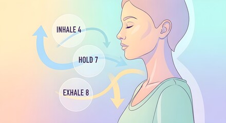 Illustration of woman practicing inhale, hold, exhale for calm and mental health.