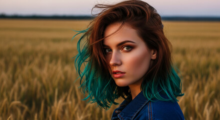 Close-up of a person with auburn hair and teal tips in a wheat field, capturing attention and symbolizing modern beauty and outdoor lifestyle