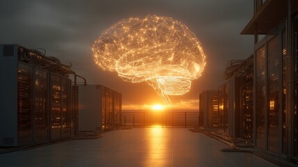 A luminous brain form hovers above server cabinets, signifying an intersection of technology and intelligence. The brain, glowing with connections, dominates the data center at sun