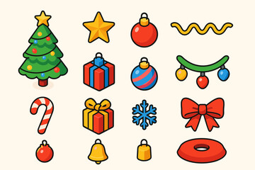 Festive Christmas Icons. Christmas Tree Display flat icons set. festive tree, star topper, hanging ornaments, tinsel, candy cane, wrapped present, garland, glowing lights, ribbon