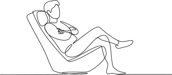 Continuous line drawing of a person relaxing in a modern lounge chair with crossed arms and legs, minimalist modern art vector illustration.