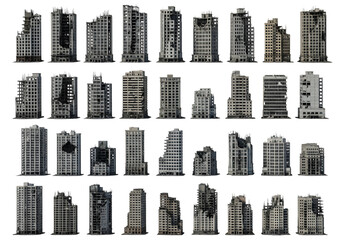 Fototapeta premium Collection of Damaged and Destroyed Urban Buildings in Various States of Ruin isolated on a transparent background