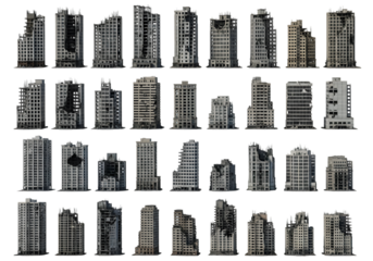Collection of Damaged and Destroyed Urban Buildings in Various States of Ruin isolated on a transparent background