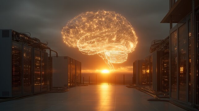 A luminous brain form hovers above server cabinets, signifying an intersection of technology and intelligence. The brain, glowing with connections, dominates the data center at sun