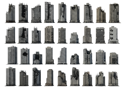 Collection of Damaged and Destroyed Urban Buildings in Various States of Ruin isolated on a transparent background