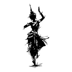 Traditional Thai Female Dancer Silhouette In Traditional Costume In Distressed Grunge Dry Brush Ink Style
