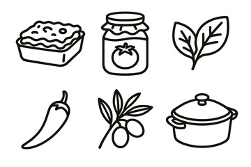 Italian Winter Cuisine Icons. Southern Italian Winter Meals linear icon set. baked pasta, tomato jar, basil leaf, chili pepper, olive branch, casserole dish