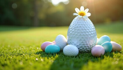 Golf in shape of easter eggs in grass space for text