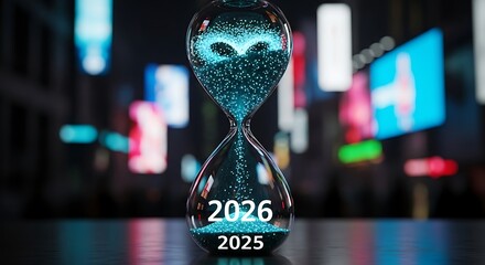 Glowing Hourglass Countdown to 2026 Time Future and New Year Concept.