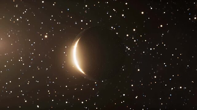 A Bright Crescent of Light Emerges From a Dark Circular Disk Amid Dense Starfield