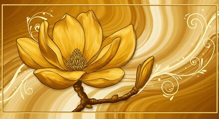 Golden Magnolia Bloom with Elegant Swirls and Floral Accents.