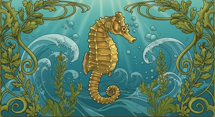 Golden Seahorse in an Art Nouveau Underwater World.