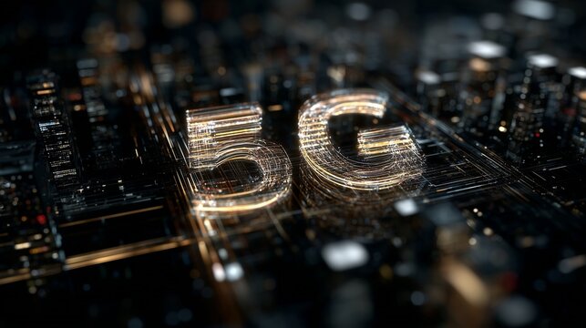 The luminous text '5G' stands out against a dark, intricate digital backdrop, showcasing the concept of advanced technology. This setting emphasizes the connection between technolo