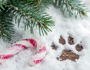 Paw print in fresh snow beside a half-buried candy cane and pine needles. Ai