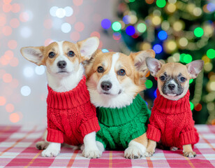 Three dogs in knitted sweaters in red and green. Ai