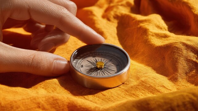 Exploring navigation with a handheld compass on bright fabric background,Commitment Day