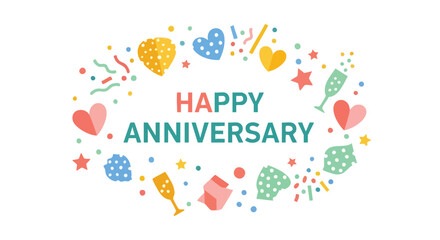 Festive happy anniversary illustration with colorful hearts confetti and celebratory elements for greeting cards and invitations
