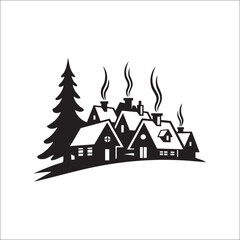 Fototapeta premium Winter Village Silhouette: A quaint illustration captures the essence of a serene winter village, with charming houses emitting gentle smoke, creating a picturesque scene of tranquility and warmth.
