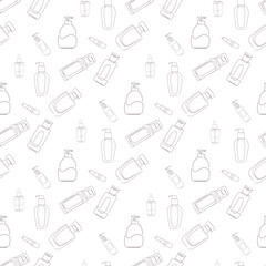 Outline cosmetic products seamless pattern. Hand drawn Fashion wallpaper, beauty background, fabric, textile, print, wrapping paper or package design. Editable Color.
