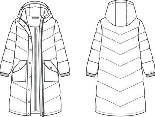 Long padded winter coat technical fashion sketch, front and back view, hooded design, quilted details, garment illustration, flat vector
