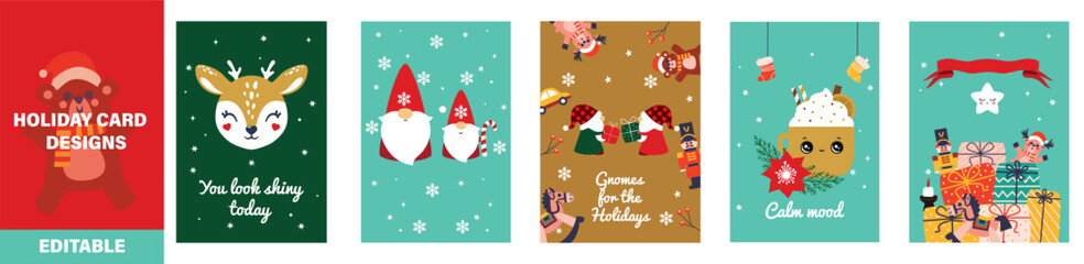 Christmas Card Set with Cute Characters – Editable Holiday Vector Designs