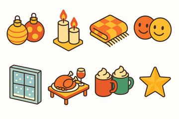 Festive Holiday Icons. Warm Holiday Togetherness flat icons set. tree ornaments, glowing candles, cozy blanket, smiling faces, snow outside, table feast, cocoa mugs, star