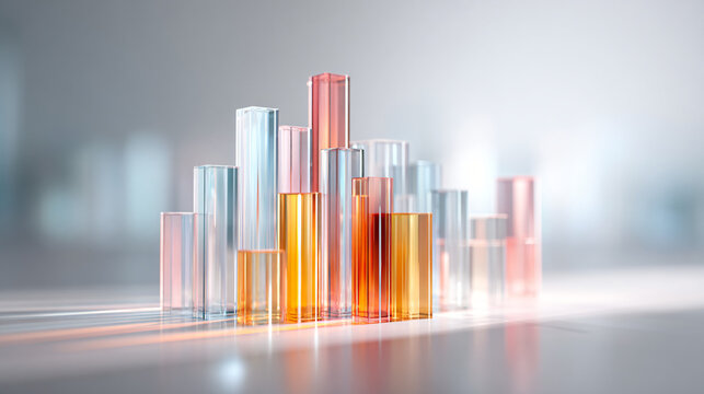 Conceptual 3D illustration of an abstract transparent glass bar chart symbolizing annual business review and growth, floating above a clean white desktop, soft light, corporate report design - Powered by Adobe