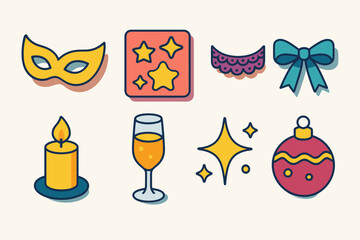 Colorful Holiday Icons. Holiday Masquerade flat icons set. gold mask, star pattern, lace trim, ribbon, candle, flute glass, sparkle, ornament