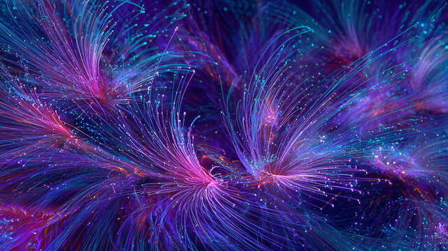 Abstract digital art of exploding fireworks creating swirling lines and bokeh trails, deep indigo background, dynamic, high-energy texture, vibrant magenta and cyan colors