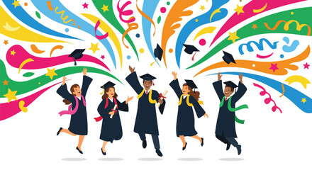 Illustrative depiction of joyous graduation ceremony with diverse students and celebratory elements indicating educational achievement and new