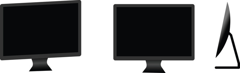 Modern Computer Monitor Display Vector Mockup, Desktop PC Screen Icon Set, Side Profile and Front View, Technology Device Template, Graphic Design Mockup.