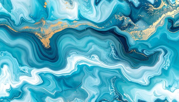 Fluid teal and blue abstract artwork with streaks of gold. Liquid, swirling, glossy, marble effect