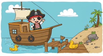 Happy Pirate Boy Sailing on a Wooden Ship Near a Tropical Island with Ducks.