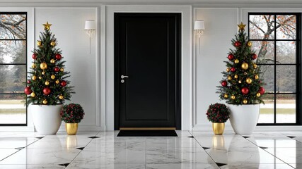 A stunning entrance showcases holiday spirit with decorated Christmas trees and tasteful decor, creating a warm, welcoming atmosphere