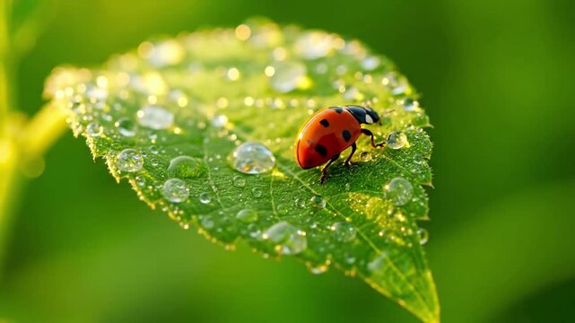 Intimate macro perspective of a single dew covered leaf on a vibrant green bush, capturing intricate vein patterns and glistening water droplets. Detail and texture focus