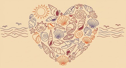 Heart-shaped seashell collection with ocean waves and sun, summer beach love concept.