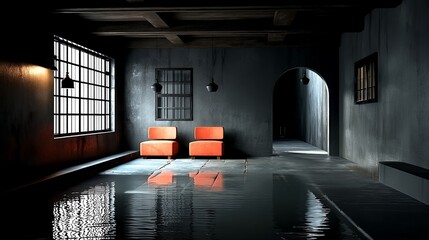 Industrial Loft Interior with Orange Chairs and Natural Light.