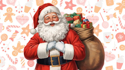 Jolly Santa Claus Smiles Wearing A Red Suit And Carrying A Bag Full Of Gifts Festive Winter
