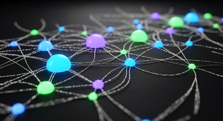 Image of connected colorful glossy spheres on black. Network connections, representing technology, global communication, or complex system concept.